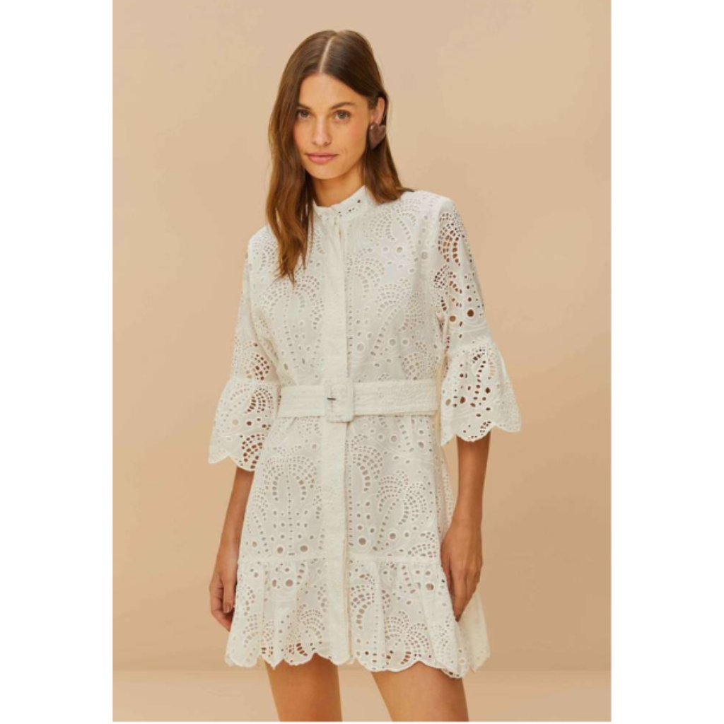 Farm Rio Ivory Eyelet Belted Mini Dress